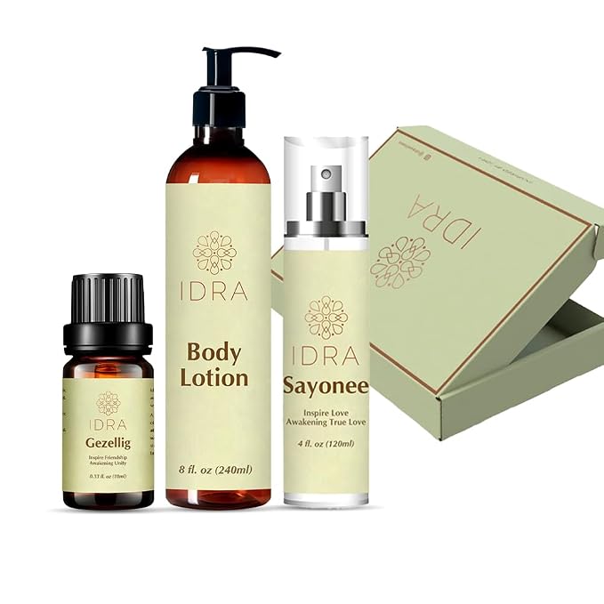 IDRA Heart & Home Gift Set – Self-Care Trio with Body Lotion, Face Mist & Essential Oil | Natural Aromatherapy Gift Box for Relaxation, Hydration & Home Wellness (Sayonee + Gezellig + Body Lotion)