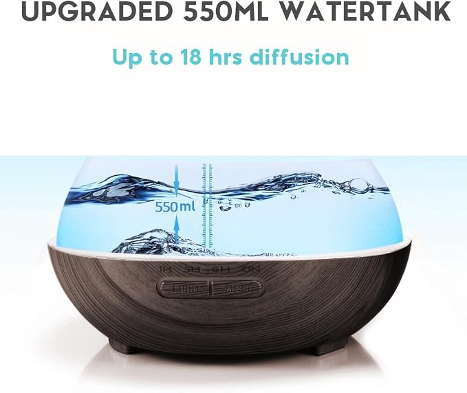 550ml Large Capacity Essential Oil Diffuser with 6 Aromatherapy Oils Set,Ultrasonic Air Humidifier with Timer and 7 Color LED Night Light Waterless Auto-Off Dark Wood Grain