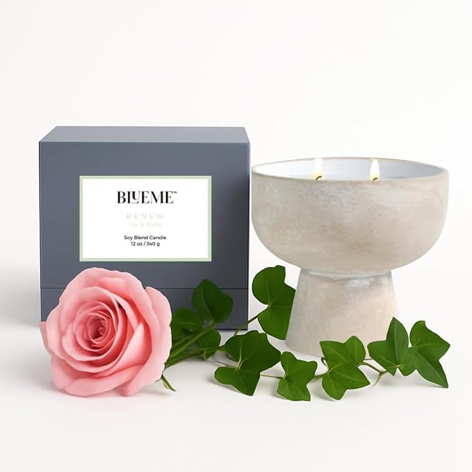 Blueme Renew Candle | Ivy & Rose | 2 Wick - Refillable Wellness Candle with Essential Oils, Hand Finished & Poured Soy Wax Blend Ceramic Vessel, Natural Cotton Wicks | Medium 12 oz