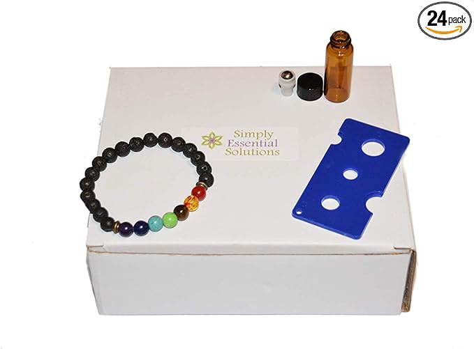 24pcs 5mL Roller (1.35 dram) Amber Glass Stainless Steel Roller Bottle 5cc Vial Small Essential Oil Bottle Travel Must + a 7 Chakra Lava Bead Bracelet for essential oil diffusing & insert removal tool