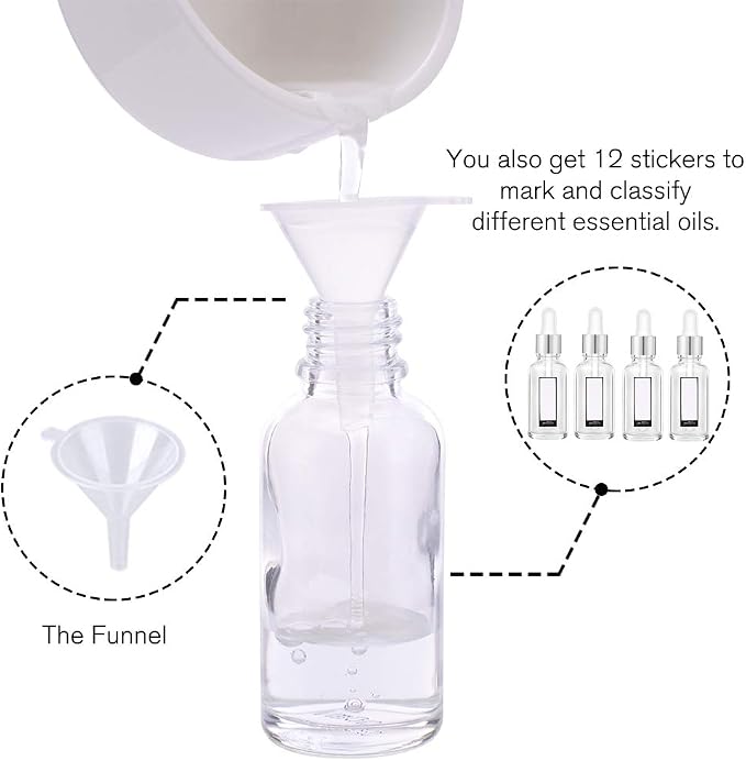 PrettyCare 2 oz Dropper Bottles, 4 Pack Frosted Glass Bottles 60ml with Golden Caps, 12 Labels, Funnel & Measured Pipettes-Empty Tincture for Essential Oils & Skincare