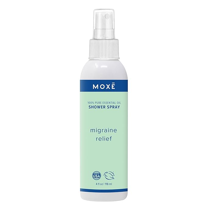 MOXE Migraine Relief Aromatherapy Shower Spray, Essential Oils for Headaches & Tension Relief, Natural 100% Essential Oils, Pure & Undiluted, Peppermint, Spearmint, Eucalyptus, Tea Tree, Made in USA