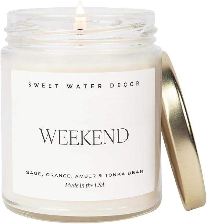 Sweet Water Decor Weekend Candle - Soy Citrus, Grapefruit, Sage, Amber, and Oakmoss Scented Earthy Candles for Home - 9oz Clear Jar with Gold Lid, 40+ Hour Burn Time, Made in The USA