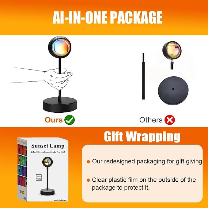 JIMEI Sunset Lamp Projector Led Lights for Bedroom Night Light RGB Lights Sun Sunlight Sunrise Lamp 10w 360° Rotation Mood Lighting Home/Room Decor Gifts for Women,Tabletop Multicolor