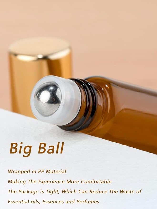 4-Pack 5ml Amber Glass Roller Bottles with Black Metal Roller Balls – Empty Refillable Essential Oil Roll On Bottles for Aromatherapy, Perfume, DIY Blends & Travel Use