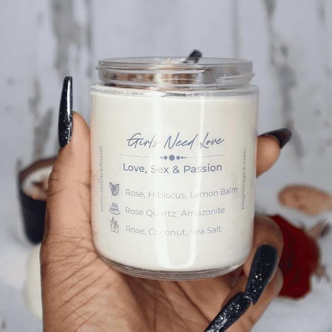 BlkGrlMagick Rose Quartz Self Love Manifestation Crystal Candle, Sea Salt and Orchid Scented Amazonite,Rose Petals, Hibiscus, Organic Soy Candles, Handmade, Black Owned Spiritual Gifts (8oz Tin)