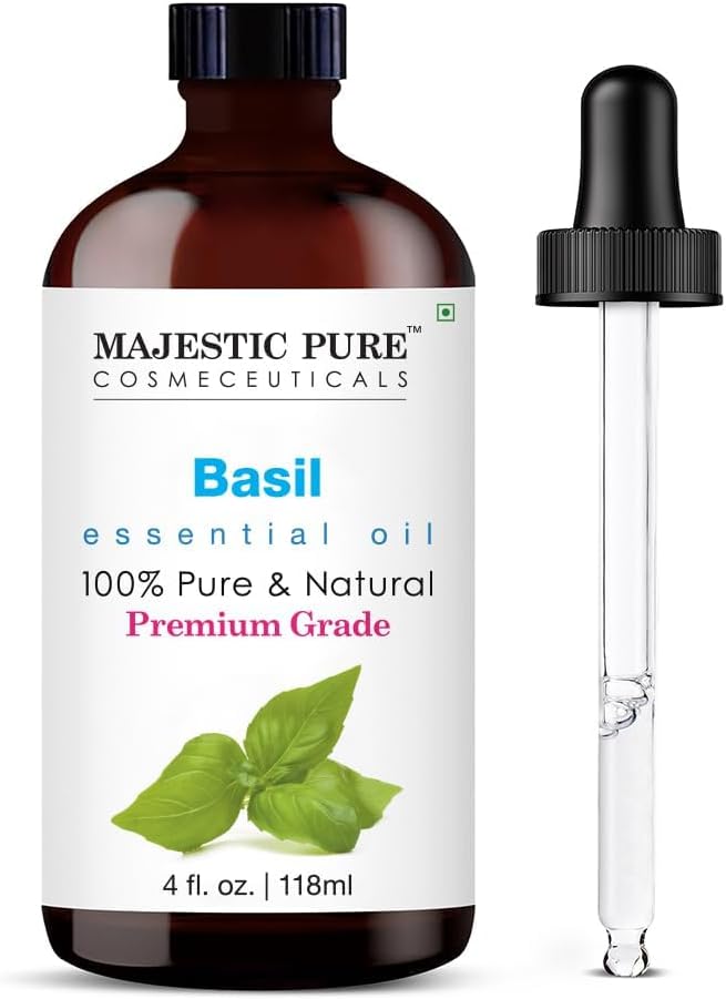 Majestic Pure Essential Oil with Glass Dropper - 100% Pure and Natural - Essential Oils for Diffuser, Aromatherapy, Soap and Candle Making, Basil Essential Oil, Basil Oil, 4 Fl Oz