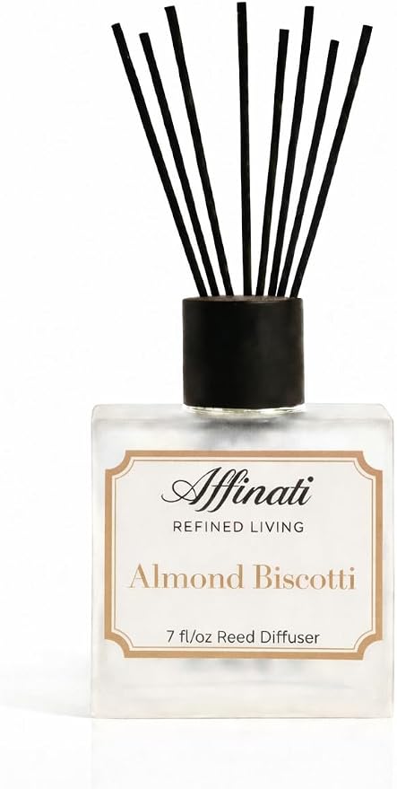 Affinati Almond Biscotti Reed Diffuser – 7.0 fl oz Home Fragrance Diffuser with 8 Reeds – Long Lasting Flame Free Room Fragrance for Bedroom, Bathroom, Office & Living Room