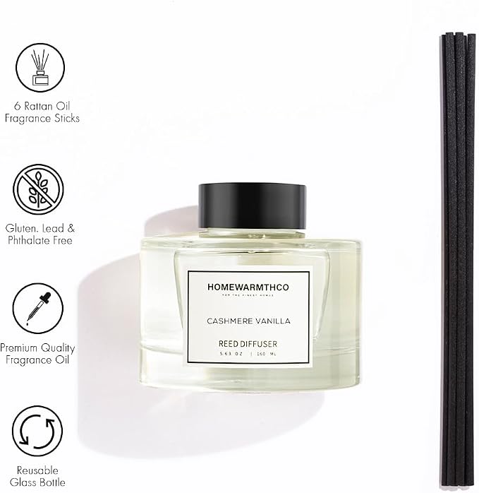 Cashmere Vanilla Reed Diffuser Set-Premium Fragrance Reed Diffusers for Home. Office, Bathroom, Kitchen, Shelf and Home Décor - Long-Lasting Scent with Non-Toxic essential Oils Diffuser 5.63 oz, 160ml