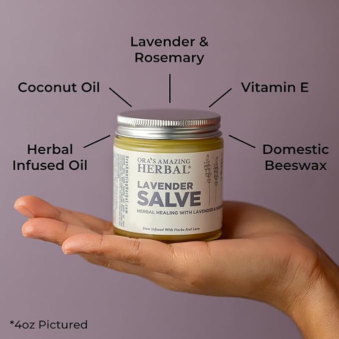 Ora's Amazing Herbal Lavender Salve Ointment, Sleep Balm, Lavender Essential Oil, Aromatherapy for Relaxation Anxiety Relief & Massage, Dry Skin Hand Repair Cream Calendula Coconut Oil, 4 oz