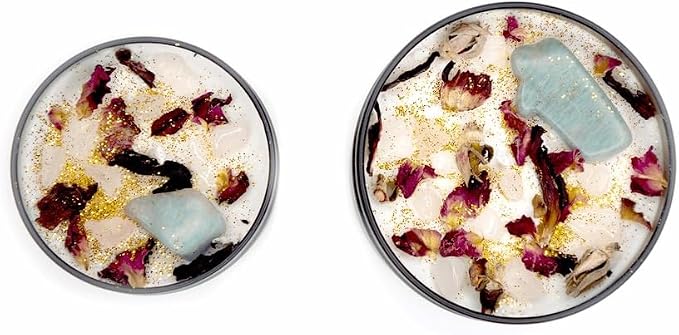 BlkGrlMagick Rose Quartz Self Love Manifestation Crystal Candle, Sea Salt and Orchid Scented Amazonite,Rose Petals, Hibiscus, Organic Soy Candles, Handmade, Black Owned Spiritual Gifts (4oz Tin)