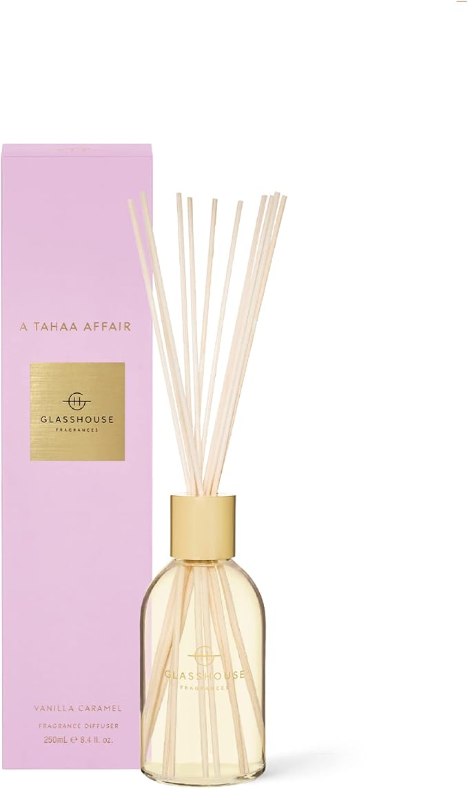 Glasshouse Fragrances A Tahaa Affair Reed Diffuser, Home Fragrance & Perfume Scented Room Decor, Natural & Oil Free, Vanilla Caramel, 8.5 Oz (250mL)