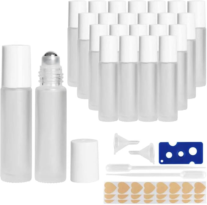 24-Pack 10ml Clear Frosted Glass Roll-On Bottles with Stainless Steel Rollers, Refillable Roll-On Applicators for Essential Oils, Castor Oil, Aromatherapy, and Empty Deodorant Containers