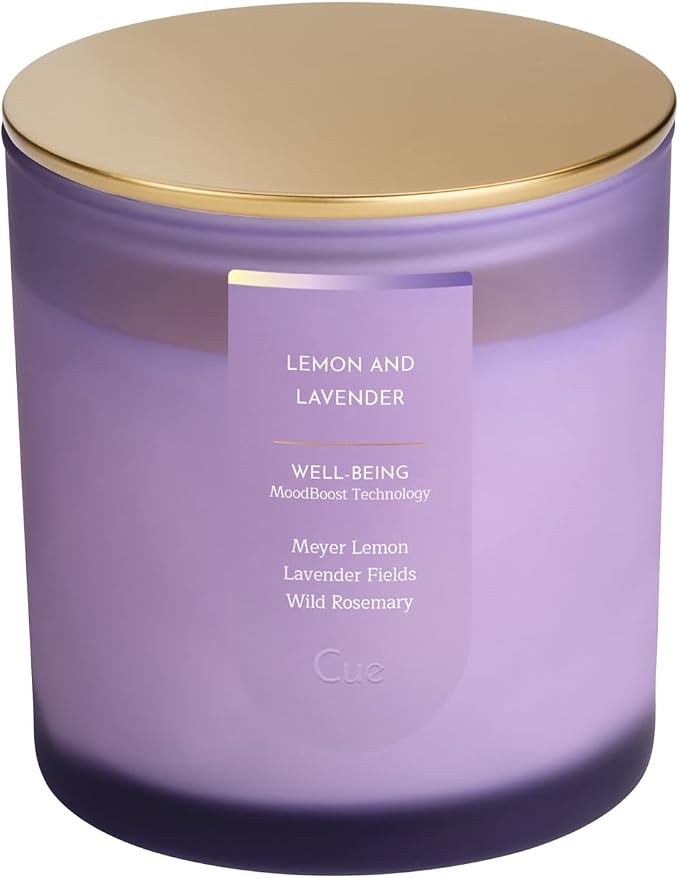 CUE Scented Candle |MoodBoost Essential Oils |OpenWick Clean Burning Candle | Soy Coconut Wax Blend | Candle for Home | Self-Care Gift for Women |Extended Burn Time (8.5oz, Lemon and Lavender)