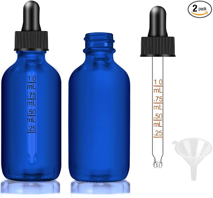 Bumobum Dropper Bottle 2 oz, 2 pack Blue Glass Eye Dropper Bottles with Labels and Funnel, Leakproof Tincture Bottles with Measured Dropper