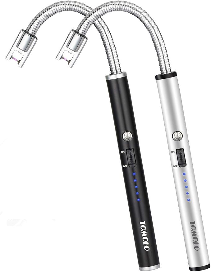 TOMOLO Electric Lighter 2 Pack, Long Flexible Neck Candle Lighter with Safety Switch, Windproof Plasma Flameless USB Rechargeable Lighters for Candles, Grill, Camping & Gas Stove (Black&Silver)