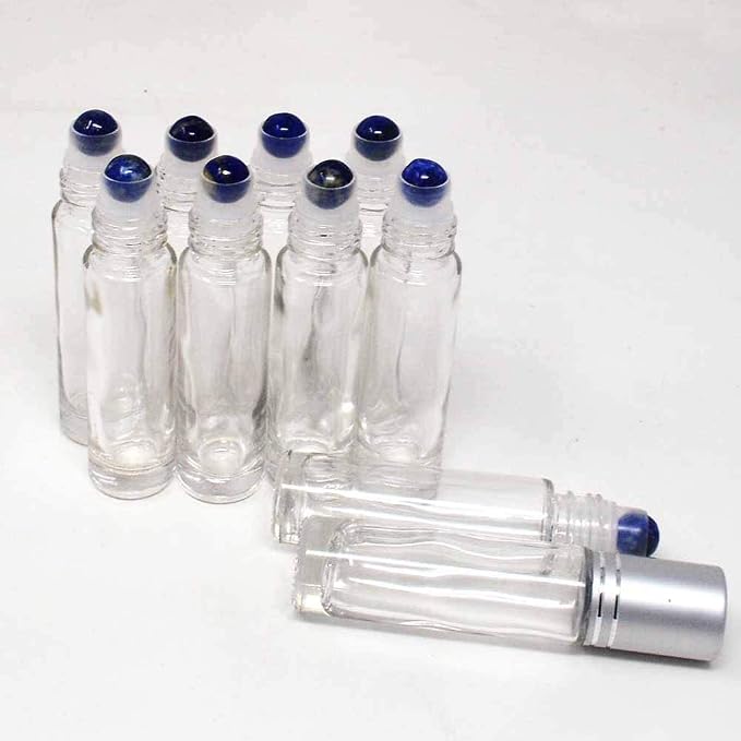 fengshuisale 10pcs Clear 10ml Empty Refillable Glass Bottles with Crystal Semiprecious Stones Essential Oil Gemstone Roller Ball Bottles with Silver Lid with Free Bag W3900 (Lapis)