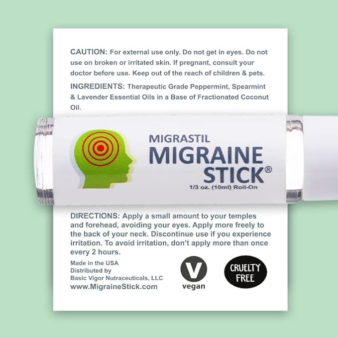 Basic Vigor Migrastil Migraine Stick Rollon - Fast Cooling Comfort for Your Head 3-Pack. Aromatherapy with Peppermint & Other Essential Oils. Metal Roller. Made in USA by Basic Vigor