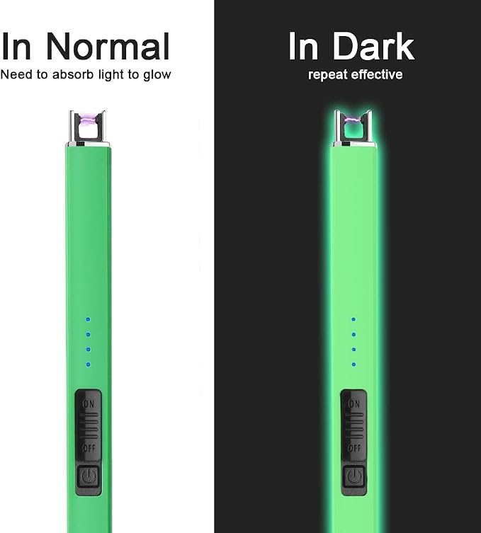 SUPRUS Fluorescent Lighter Glows in The Dark Electric Lighter Candle Lighter Rechargeable USB Arc lighters with Safety Lock Windproof Flameless Plasma for Candle BBQ Camping (Green)