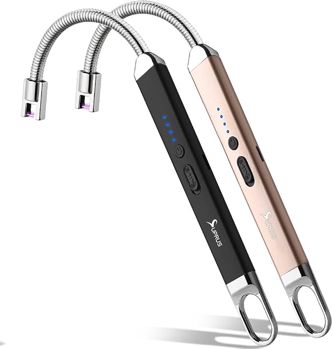 SUPRUS Lighter Rechargeable USB Lighter Arc Electric Lighetrs with Safety Switch 360° Flexible Neck Flameless Grill Long Lighters for Candle Camping Cooking (Black+Champagne Gold)
