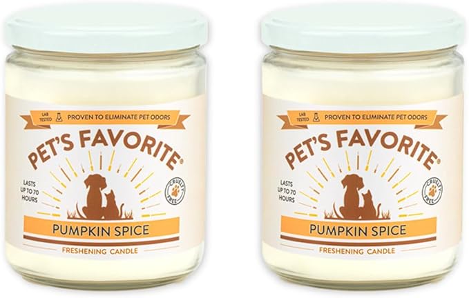 Pet's Favorite Pet Odor Candle, Clean Burning, Long Lasting Candles with a Natural Fiber Wick and 70 Hour Burn Time, Pumpkin Spice Pack of 2