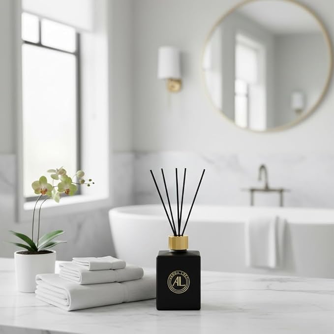 Reed Diffuser - Fragrance Diffuser for Home - 5 oz. Oil Diffuser Sticks - Bathroom Diffuser Set- Oil Diffuser Reeds - Scent Sticks in Oil-Office Smell Good Stuff (Black, Rustic Amber)