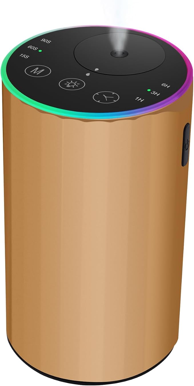 Waterless Essential Oil Diffuser, 7 Colors LED Light, Battery Powered Mini Scent Air Machine, Aromatherapy Mist Diffuser for Home Room Car Office，Black Aluminum Alloy (Gold-LED)
