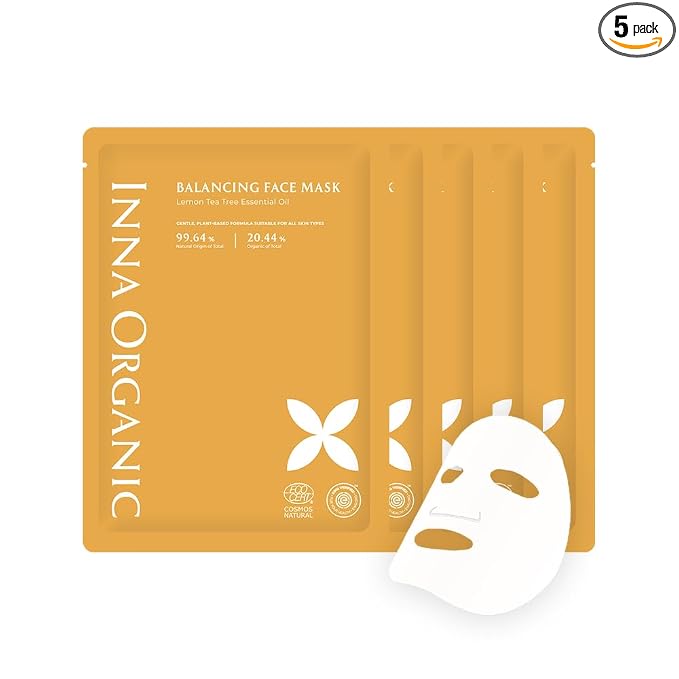 INNA ORGANIC Sheet Mask - Balancing & Oil Control, EWG & COSMOS Certified (Pack of 5) | Lemon Tea Tree Essential Oils Infused Skin Care | Luxury Clean Beauty