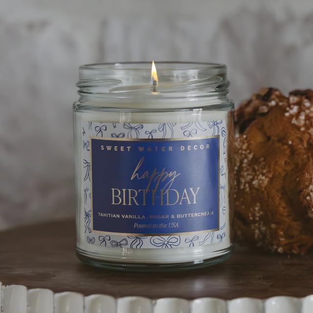 Sweet Water Decor Happy Birthday Candle Jar, Non-Toxic Soy Wax, Blue Bows Candle with Tahitian Vanilla, Sugar, and Buttercream Scent Notes, 40+ Hour Burn Time 9 oz with Gold Lid, Birthday Gift for Her
