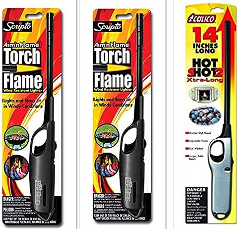 3 Pack Combo - 2 Pack Scripto Multi Purpose Wind Resistant Lighter (Assorted Color) + 1 Pack Calico Hot Shot 2 Xtra Long for Camping Grilling Home, Adjustable Flame