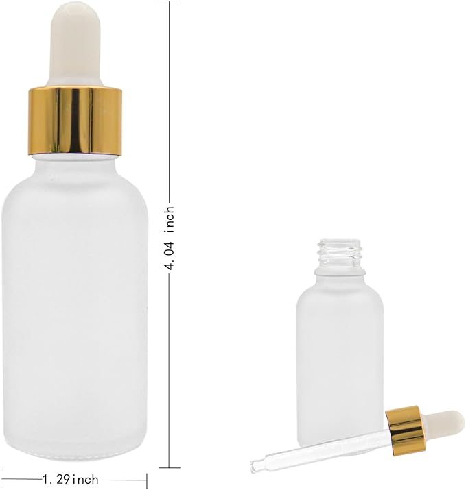 12 Pack,Clear Frosted Glass Dropper Bottle for Essential Oils,Empty Glass Liquid Holder With Glass Eye Dropper,Golden Caps Travel Perfume Cosmetic Container-Pipette&Funnel included (30ml/1oz)