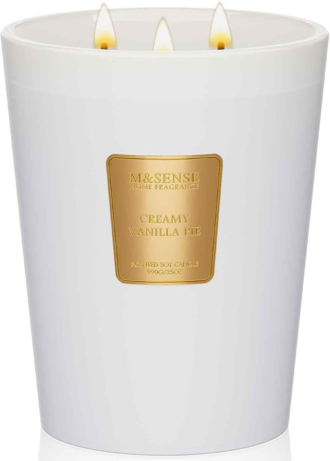 M&SENSE Creamy Vanilla Pie Soy Candle, 35oz 3-Wick 150H, Sweet Large Aromatherapy Candle, Birthday Housewarming Gift