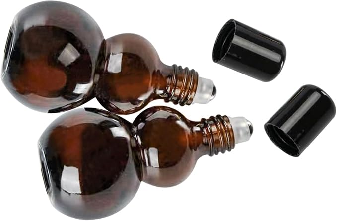 Essential Oil Roller Bottles, 10ml Amber Gourd Shaped Glass Roller Bottles with Stainless Steel Roller Ball, for Travel,Perfume (Amber-Black Cap, 10ML)