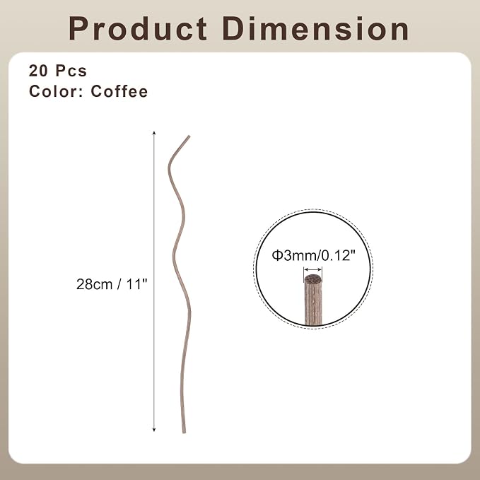 uxcell 20Pcs Wavy Rattan Reed Diffuser Sticks, 28cm/11 Natural Wooden Rattan Fragrance Diffuser Refill Sticks Replacement for Home, Bedroom, Hotel, Office, Bathroom Shelf Decor (Coffee)
