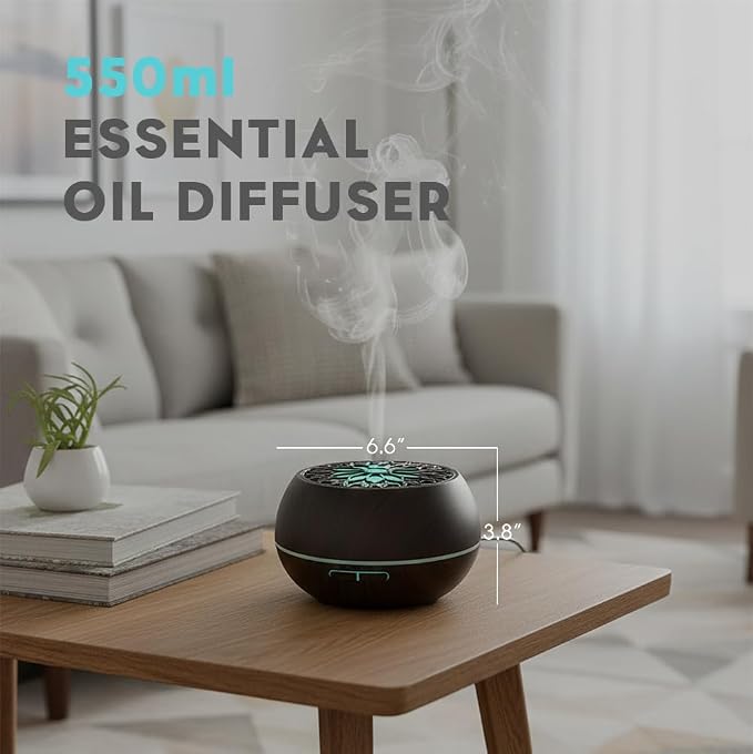 550ml Large Capacity Essential Oil Diffuser with 6 Aromatherapy Oils Set,Ultrasonic Air Humidifier with Timer and 7 Color LED Night Light Waterless Auto-Off Dark Wood Grain