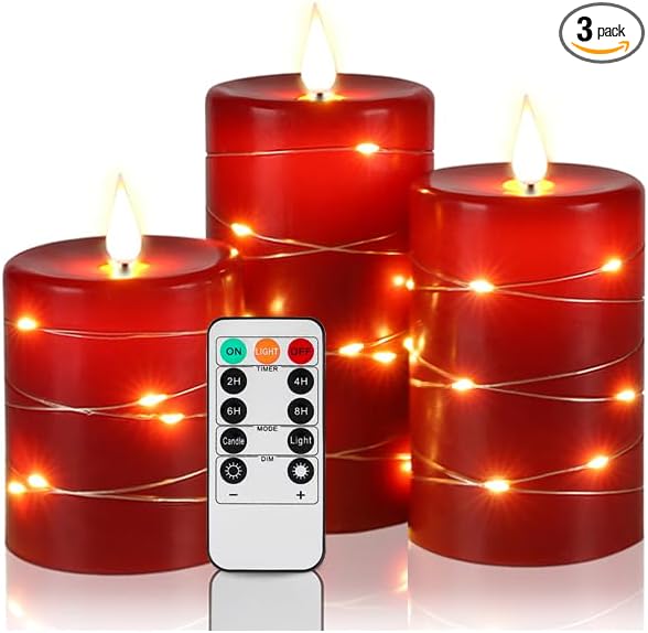 Upinmz Red Flameless Candle with Remote Control and Timer,Flickering Battery Operated Candles with String Lights,LED Pillar Candles,Set of 3