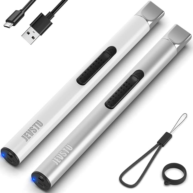 Electric USB Rechargeable Arc Plasma Electronic Windproof Flameless Long Lighter with Safety Switch Hook - White & Silver