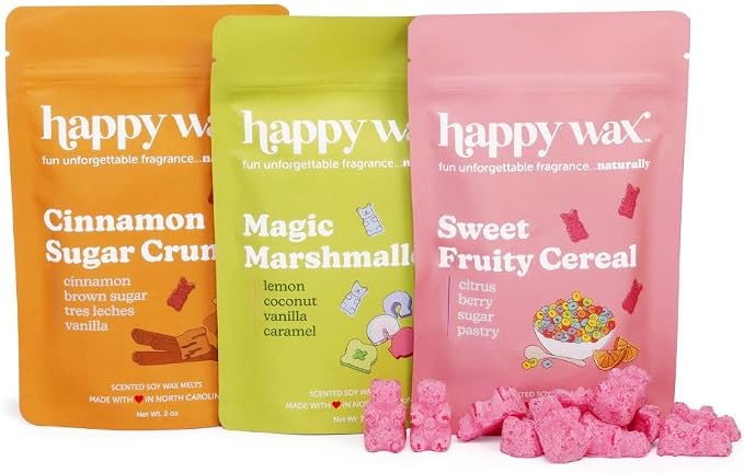Happy Wax Cereal Collection: Natural, Non-Toxic Scented Soy Wax Melts – Total 6oz Variety Pack: Cinnamon Sugar Crunch, Magic Marshmallows, Sweet Fruity Cereal