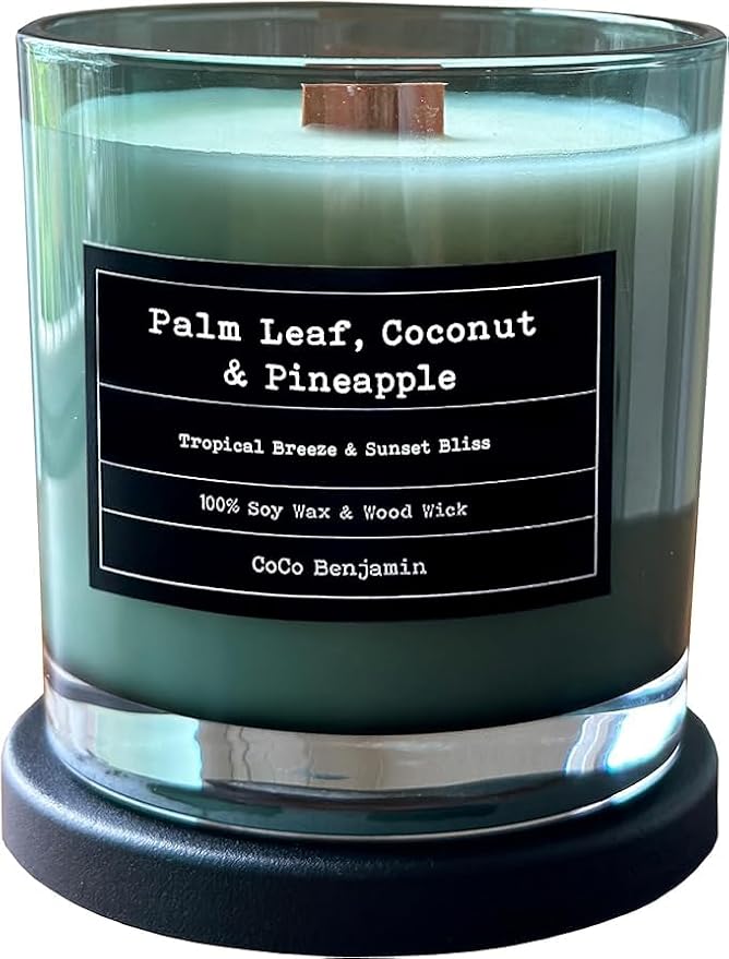 100% Soy, Highly Scented, Hand Poured Soy Candle (Palm Leaf, Coconut & Pineapple (Wooden Wick))