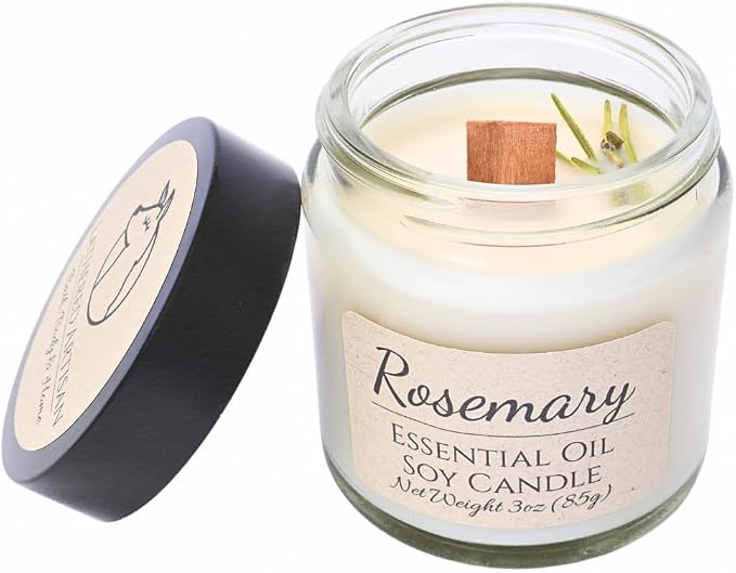 Rosemary Scented Essential Oil Candle 3 oz, Hand Crafted Pure Soy Wax Candle with Wooden Wick and Dried Flowers, 23 Hour Burn Time, Natural Aromatherapy Glass Jar Candle with Lid by Lathered Artisan