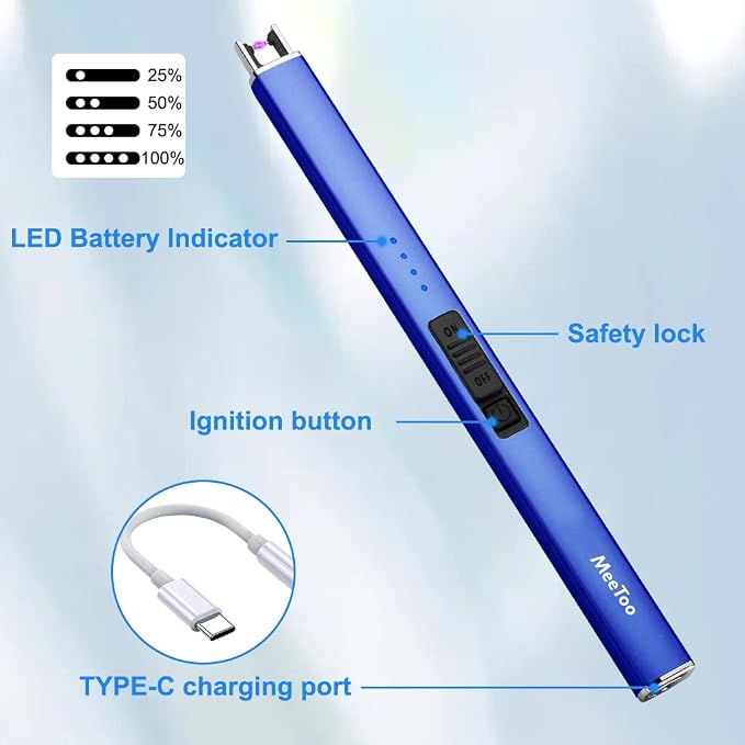 MeeToo Electric Candle Lighter Rechargeable Type-C - Gifts for Wife Men Women Nana, USB Plasma Arc Windproof Lighters for Candle Christmas Camping Kitchen Dark Blue