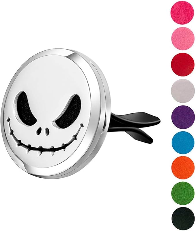 Wild Essentials Jack Skullington Essential Oil Car Vent Diffuser, Stainless Steel Locket Pendant with 12 Color Refill Pads, Customizable Color Changing Air Freshener for Aromatherapy