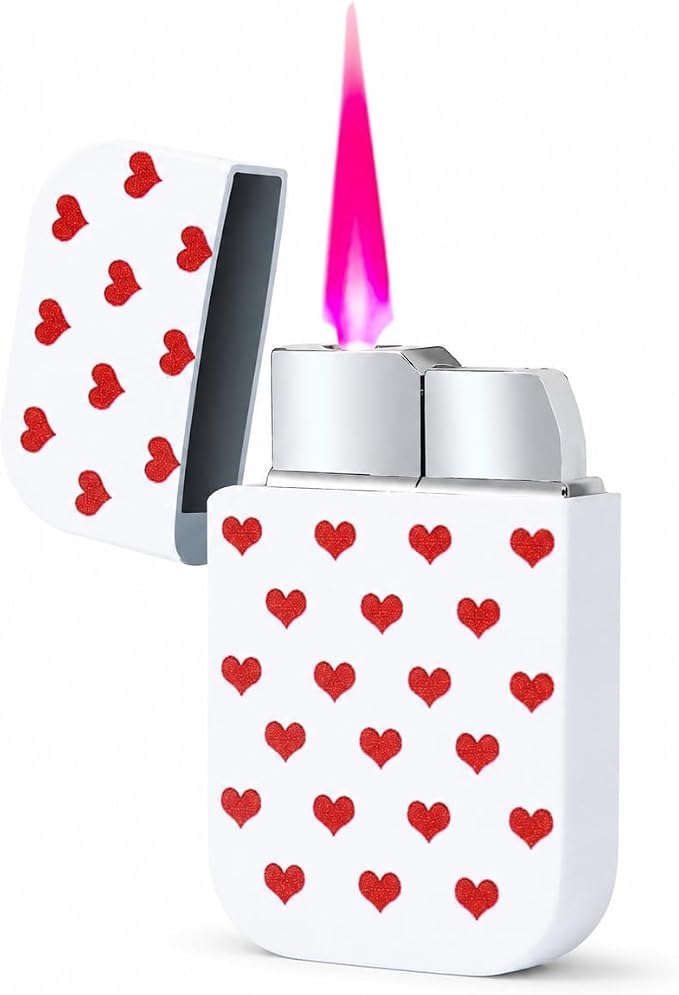 Pink Flame Torch Lighter Cute Heart Pattern Refillable Butane Windproof Pocket Lighter 60 × 35 × 11 mm Mini Portable Lighter for Women Candle BBQ Camping Kitchen Outdoor Use (Butane Not Included)