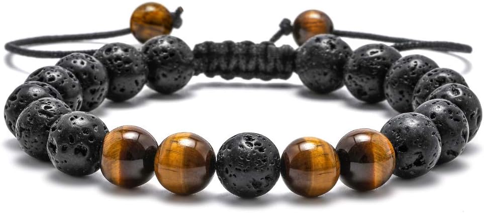 M MOOHAM Mens Bracelet - Beaded Natural Stone 8mm Tiger Eye Matte Agate Lava Rock Bracelets for Men Teen Boys Grandpa Dad Birthday Gifts Jewelry
