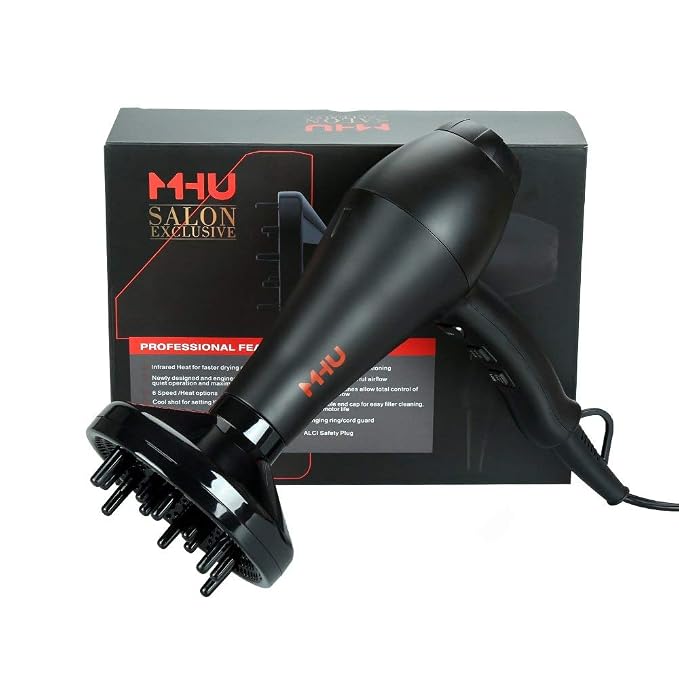 MHU Professional Salon Grade 1875w Low Noise Ionic Ceramic Ac Infrared Heat Hair Dryer Plus One Concentrator and One Diffuser Black Color