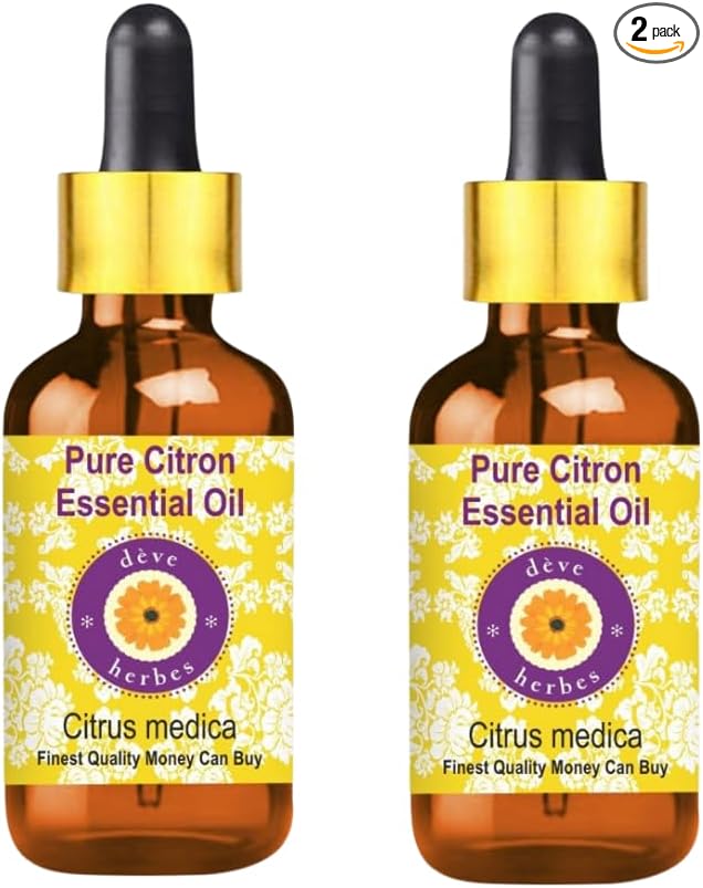 dève herbes Citron Essential Oil (Citrus Medica) with Glass Dropper Pure | Non-Sticky | Non-Greasy | Lightweight | Men & Women | All Skin Types | Steam Distilled 5ml X 2 (0.33 oz)