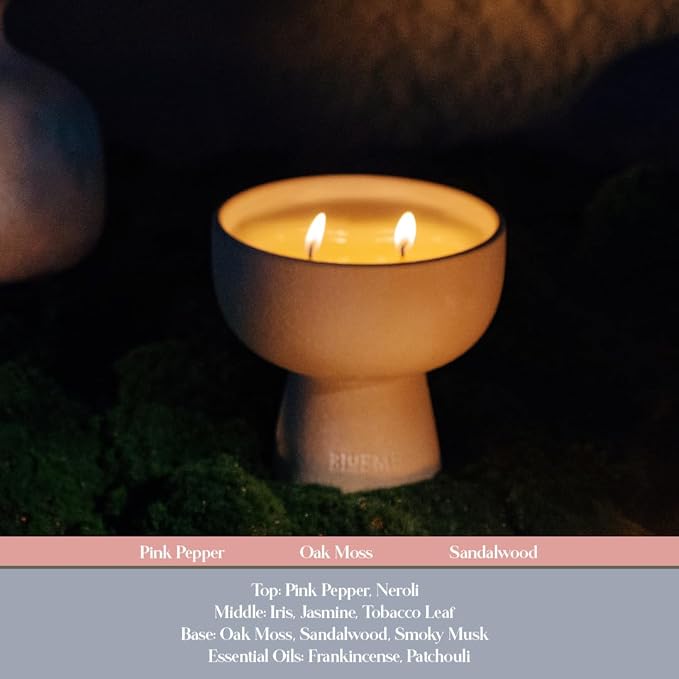 Blueme Romance Candle | Oakmoss & Sandalwood | 2 Wick - Refillable Wellness Candle with Essential Oils, Hand Finished & Poured Soy Wax Blend Ceramic Vessel, Natural Cotton Wicks | Medium 12 oz
