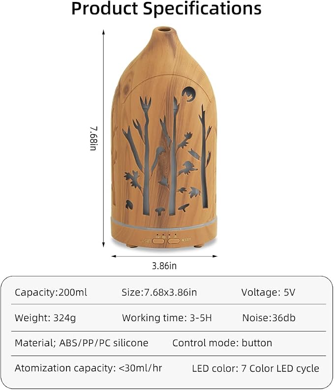 3 Essential Oil Diffuser Set,7.1''x3.5'' Aromatherapy Diffusers,Desk Humidifiers for Office,Small 200ml Humidifier with 7 LED Colors Night Lights,Waterless Auto-Off for Home Decor Gift (Tree)