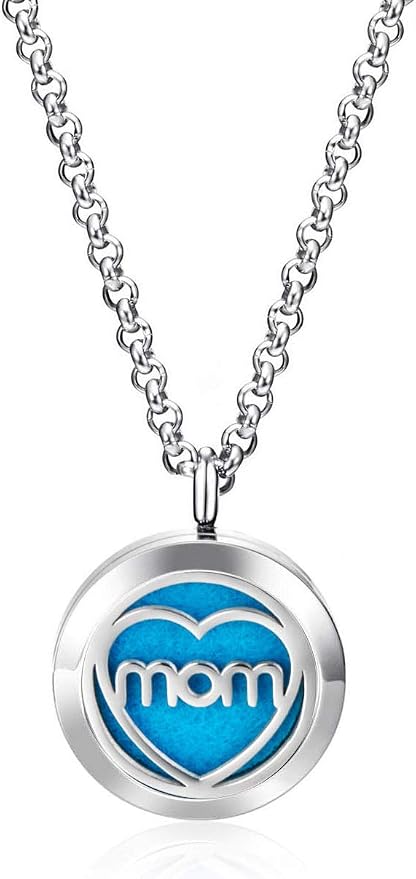 Wild Essentials MOM Aromatherapy Necklace Diffuser Includes 4 Pure Essential Oils, Lavender, Lemongrass, Orange, Peppermint - Stainless Steel Chain/Pendant, 12 Pads, Gift Set