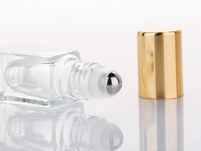 3ml Square Glass Roller Bottle For Essential Oils,Mini Glass Bottles With Stainless Steel Roller Balls,Gold Aluminum Caps Portable Roll-On Vial Aromatherapy Perfume Container-10 Pack
